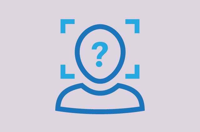 Facial recognition scan with a question mark on the face.