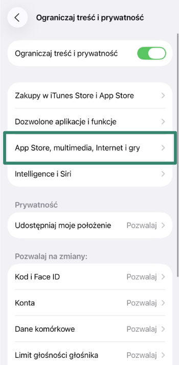 App Store, Media, Web & Games restrictions menu on iPhone.