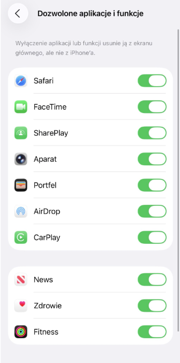 toggle settings for allowed apps and features on iPhone.