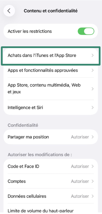 iOS screen showing iTunes & App Store Purchases option.