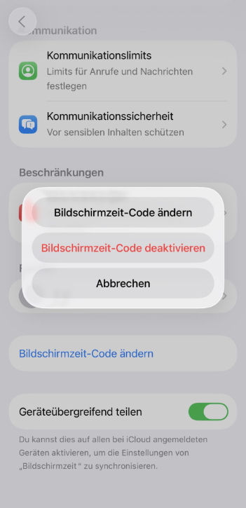 Options to change or turn off Screen Time passcode on iPhone.