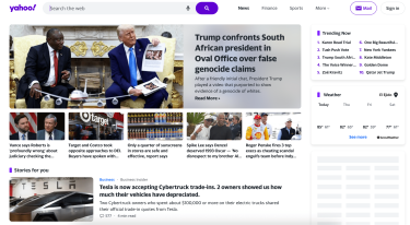 Yahoo homepage with top news, weather updates and search bar