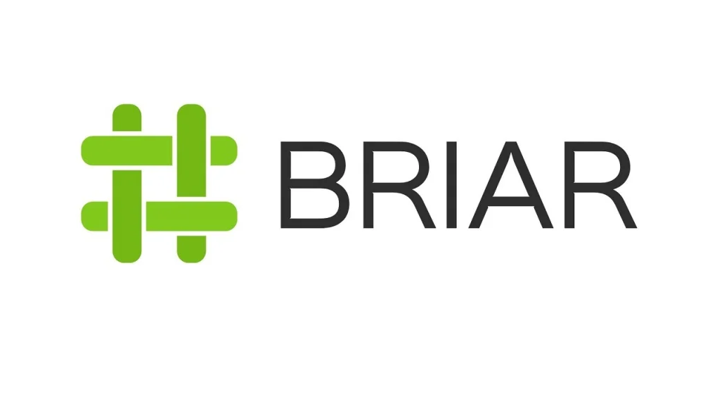 Briar messenger logo. A green hashtag icon next to the word ‘BRIAR’ in dark gray capital letters.