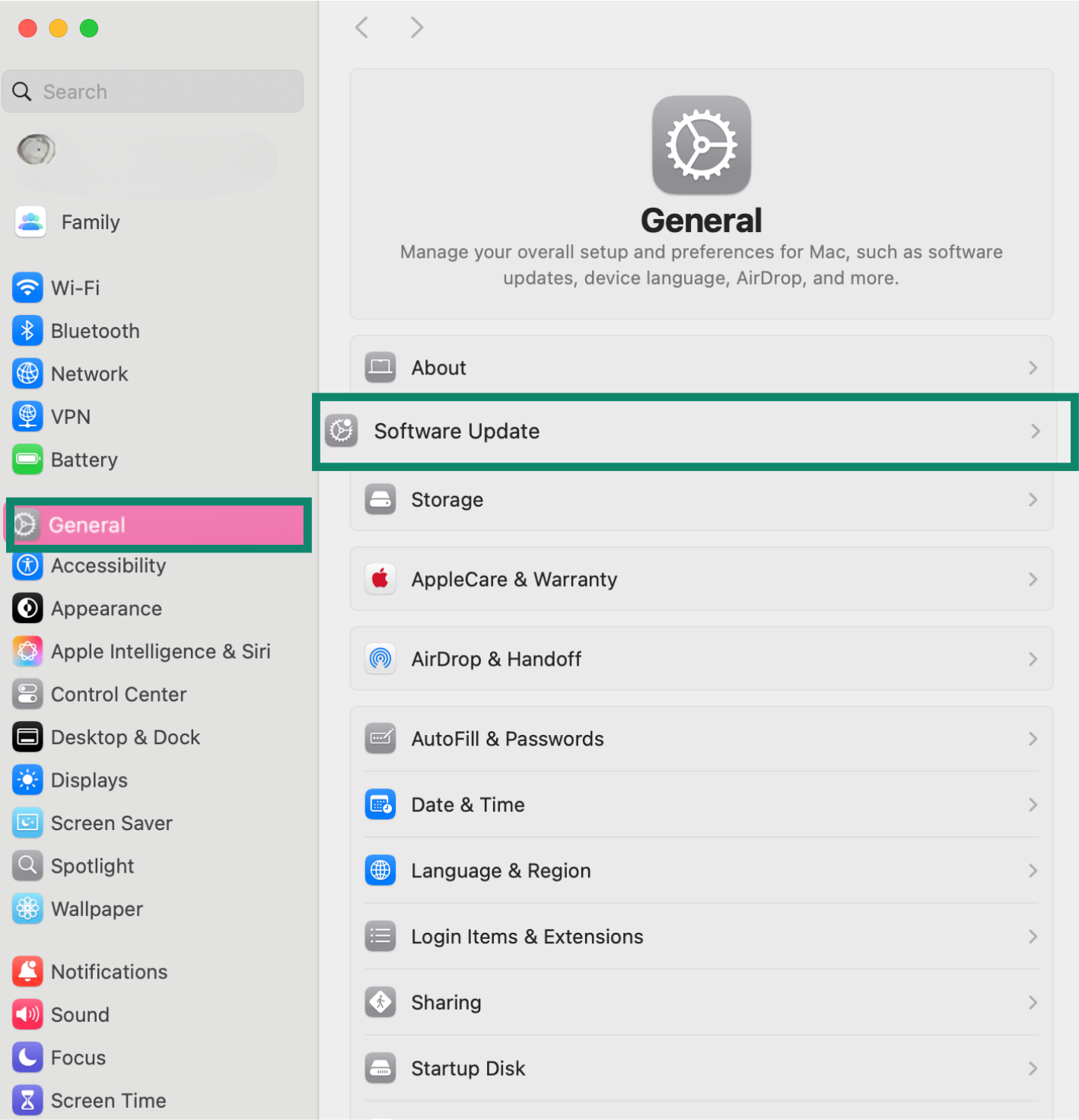 System Settings showing General selected and Software Update highlighted.