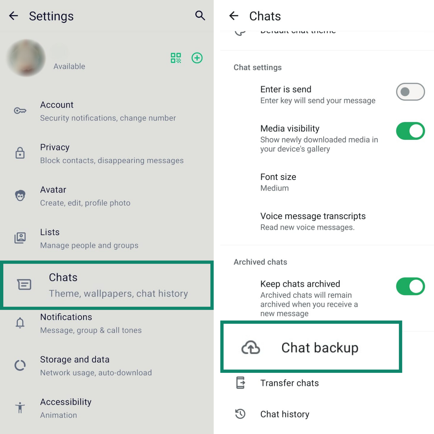 Two side-by-side screenshots showing the steps to find the chat backup option in WhatsApp. The first shows the ‘Chats’ menu selected from Settings. The second shows ‘Chat backup’ selected from the Chats screen.
