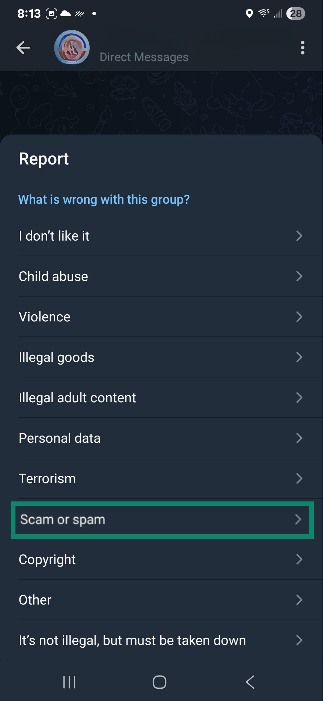 Telegram screen showing options for describing issues with a group.