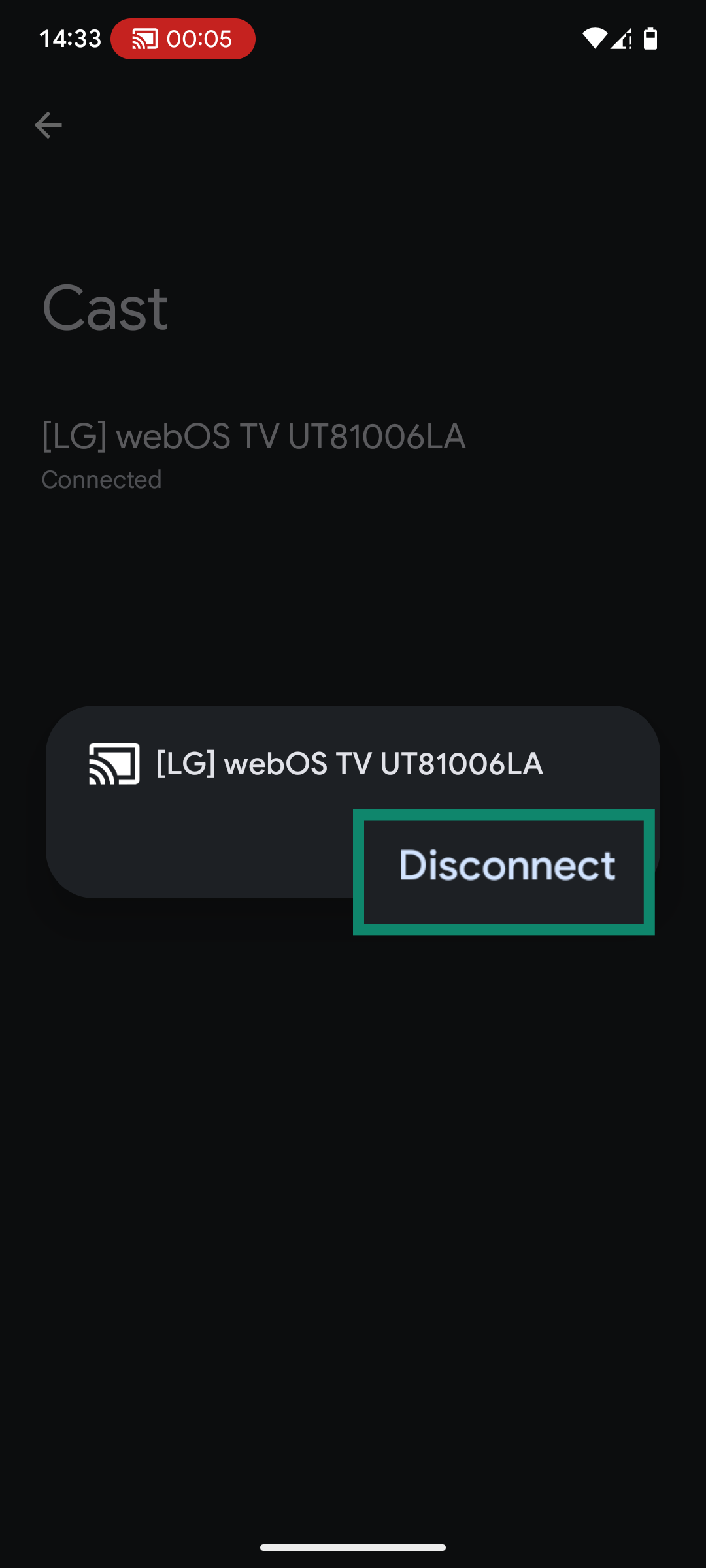 The list of connected casting devices on an Android, showing the "Disconnect" button for a smart TV.