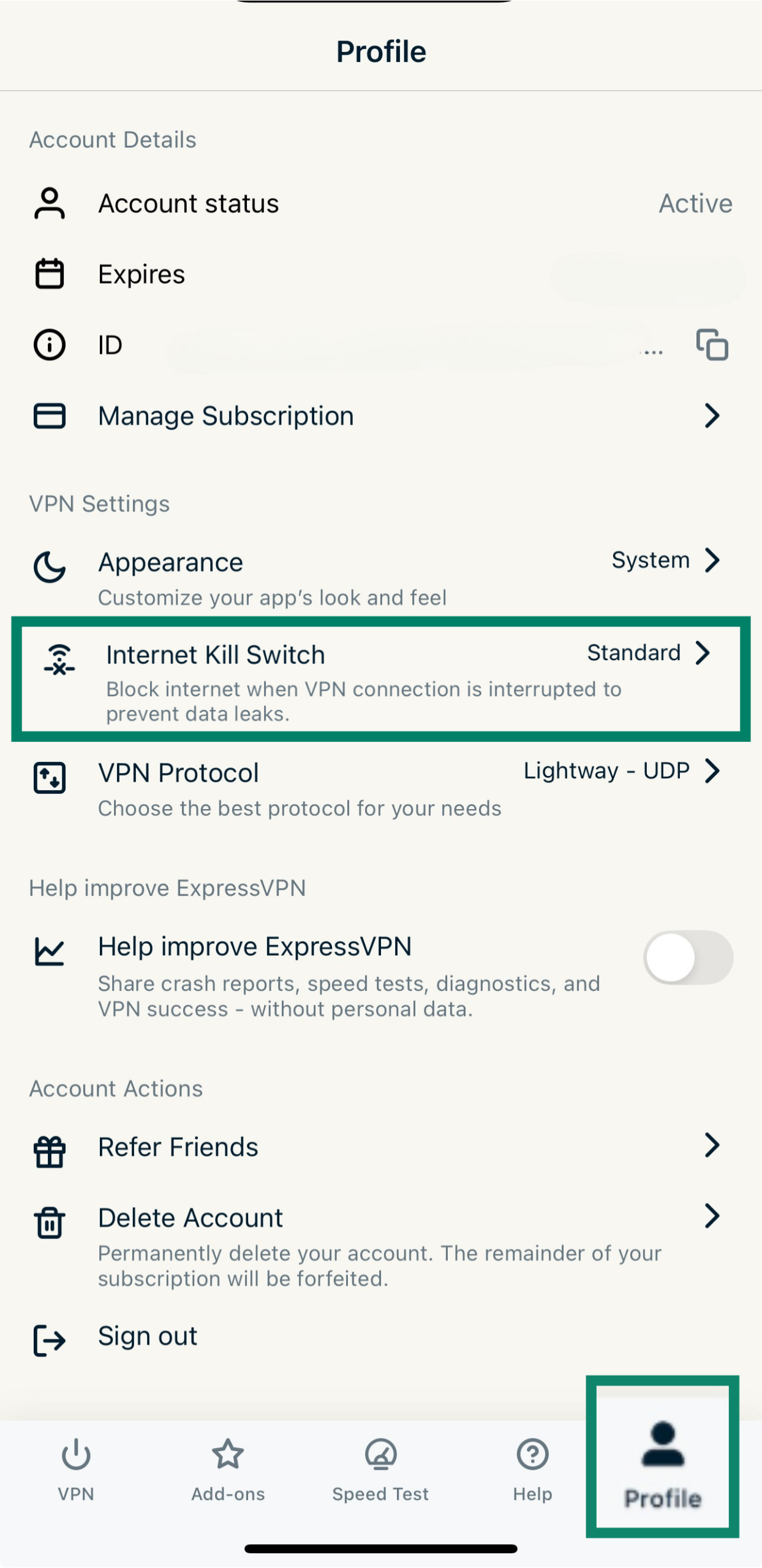 ExpressVPN iOS Profile tab with Internet Kill Switch highlighted.