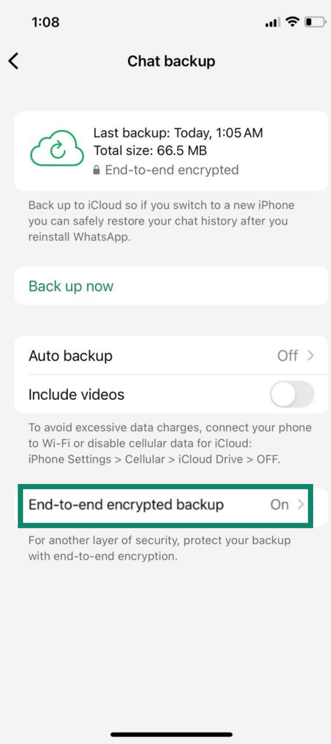 iPhone Chat backup screen showing incomplete iCloud backup and End-to-end encrypted backup option turned on