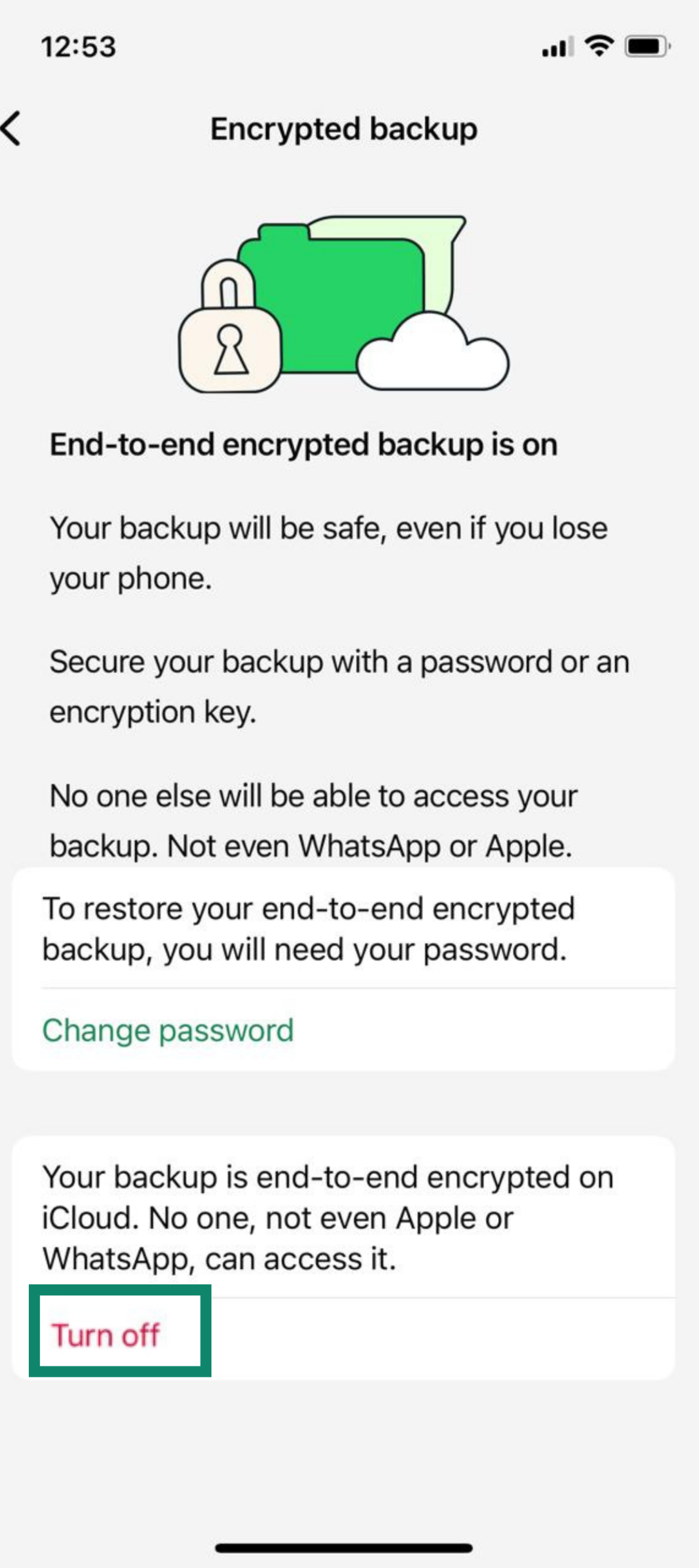 Encrypted backup screen on iPhone with Turn off option highlighted