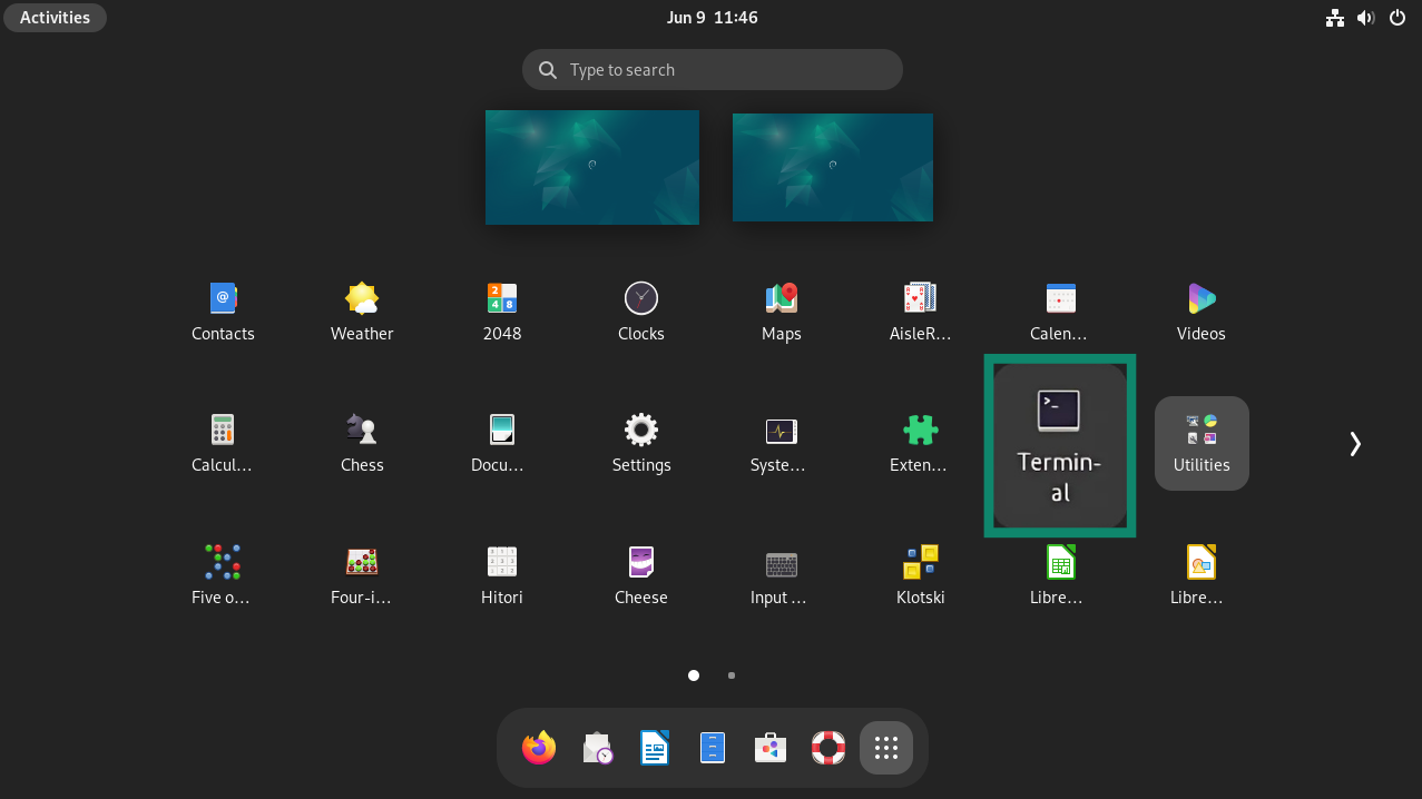 Linux Debian distro showing the Activities screen with Terminal highlighted.