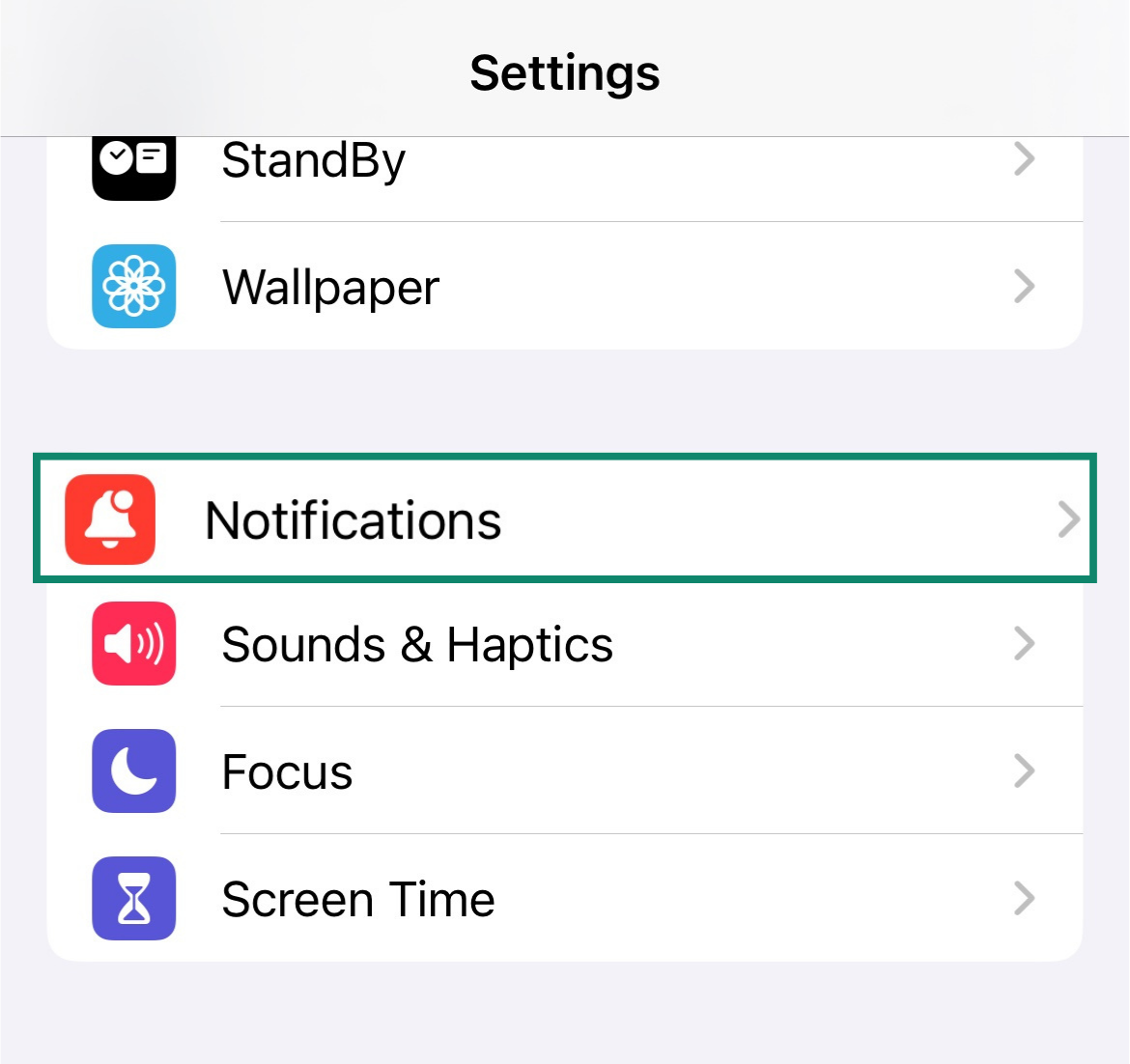Close-up shot of the iOS Settings menu with the Notifications option highlighted.