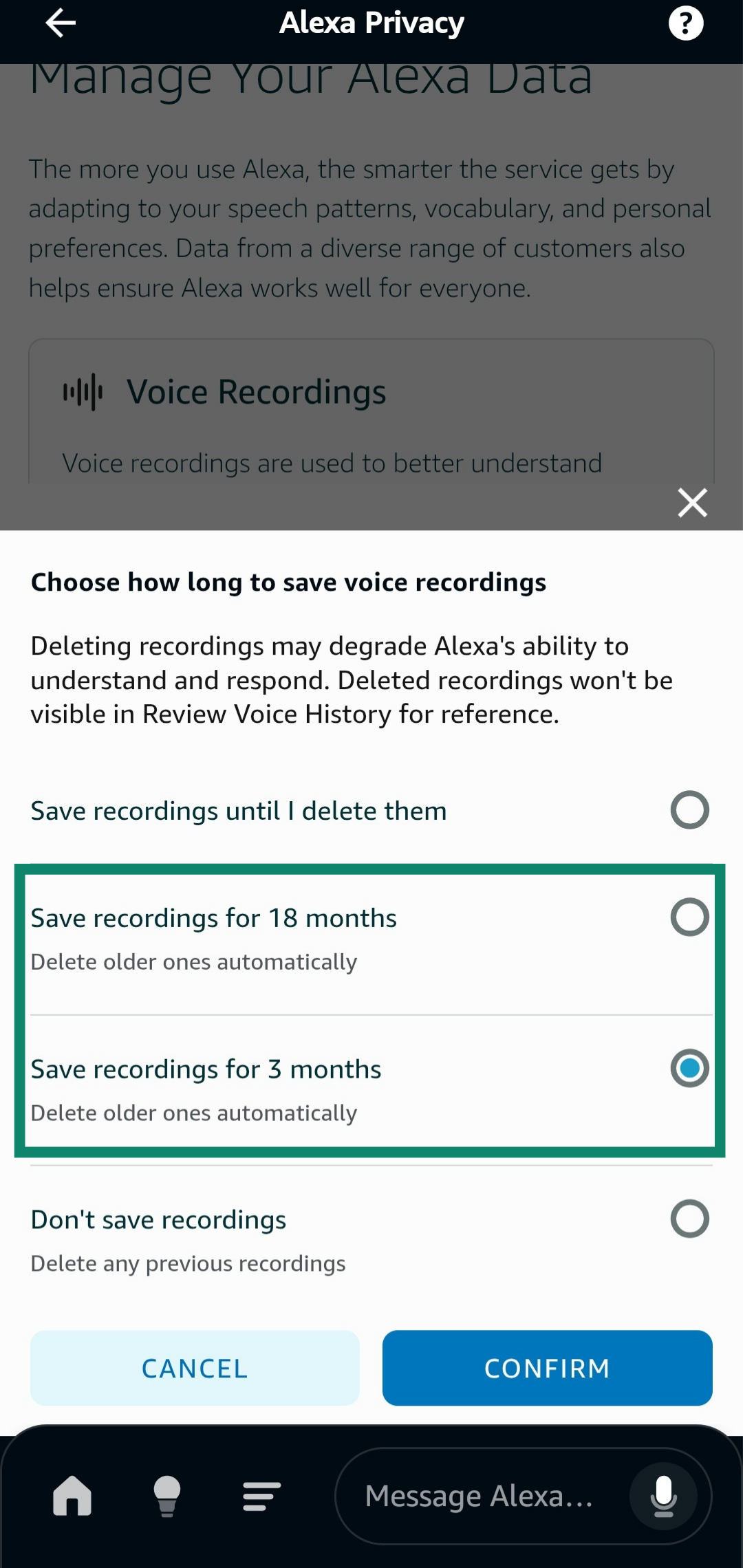 Customizing how long to save recordings through the Amazon Alexa app.
