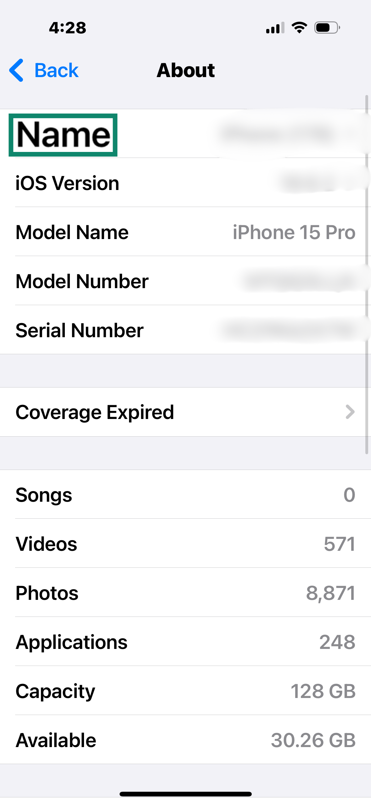 About settings with the Name field highlighted.