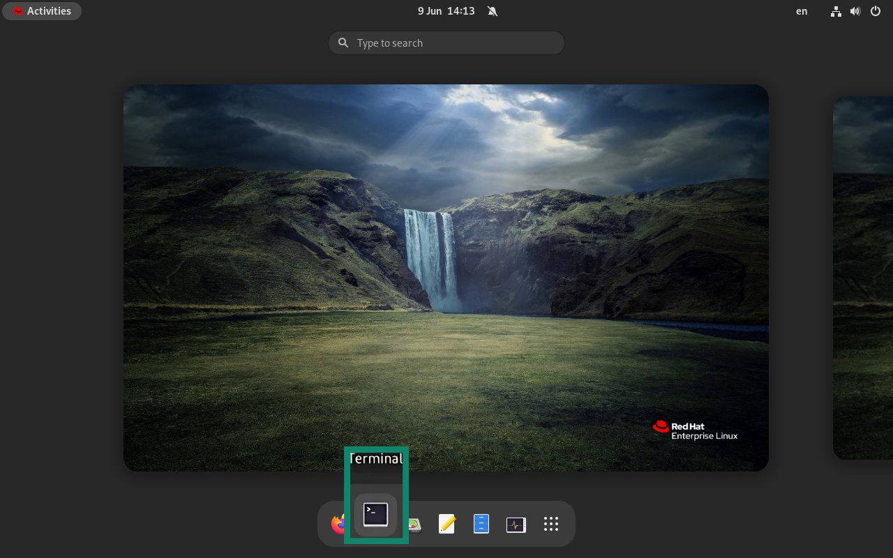 Linux Red Hat distro showing the Activities screen with Terminal highlighted.