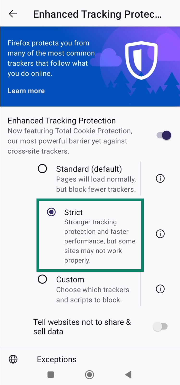 Enhanced Tracking Protection settings in Firefox set to Strict.