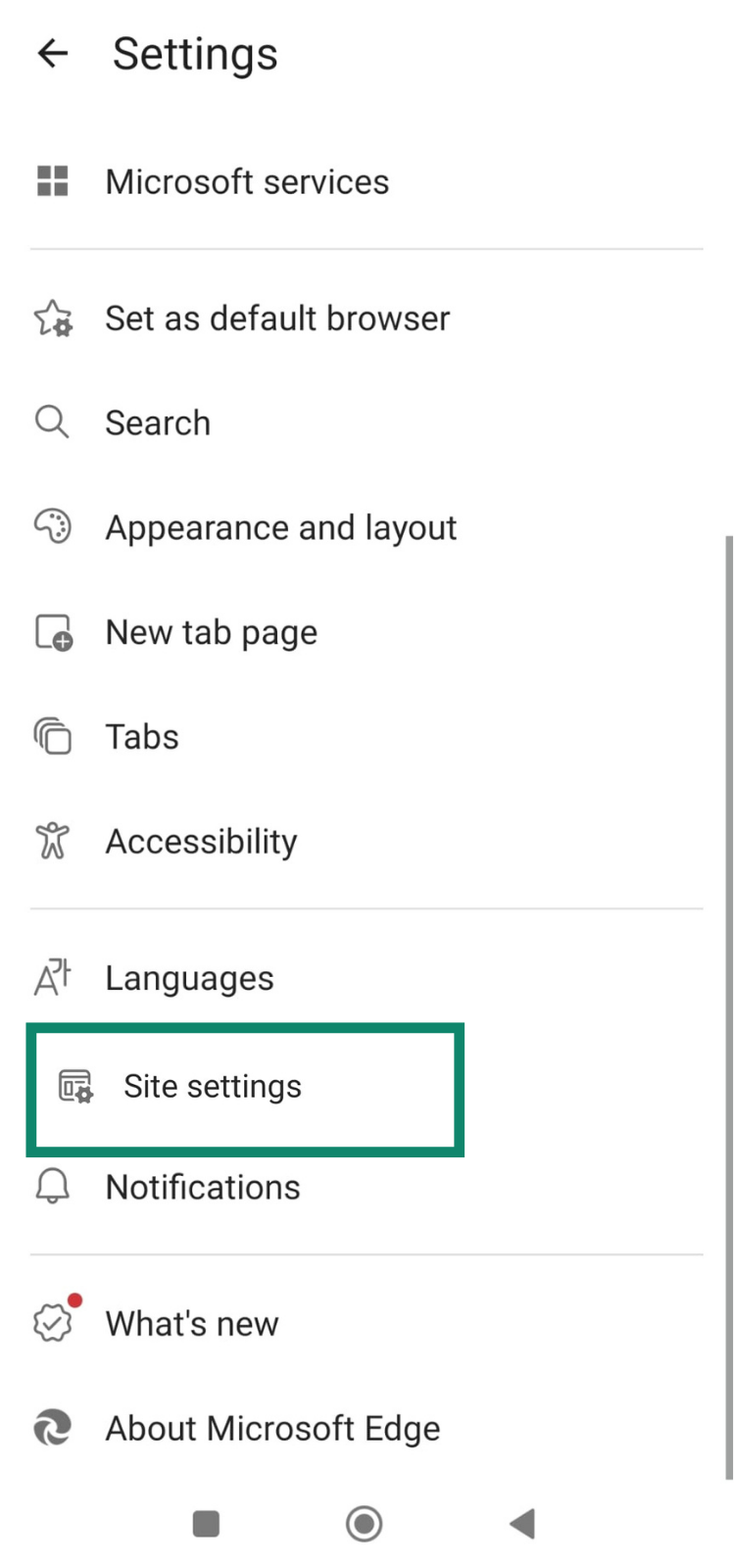 Edge browser settings screen with Site settings option highlighted.