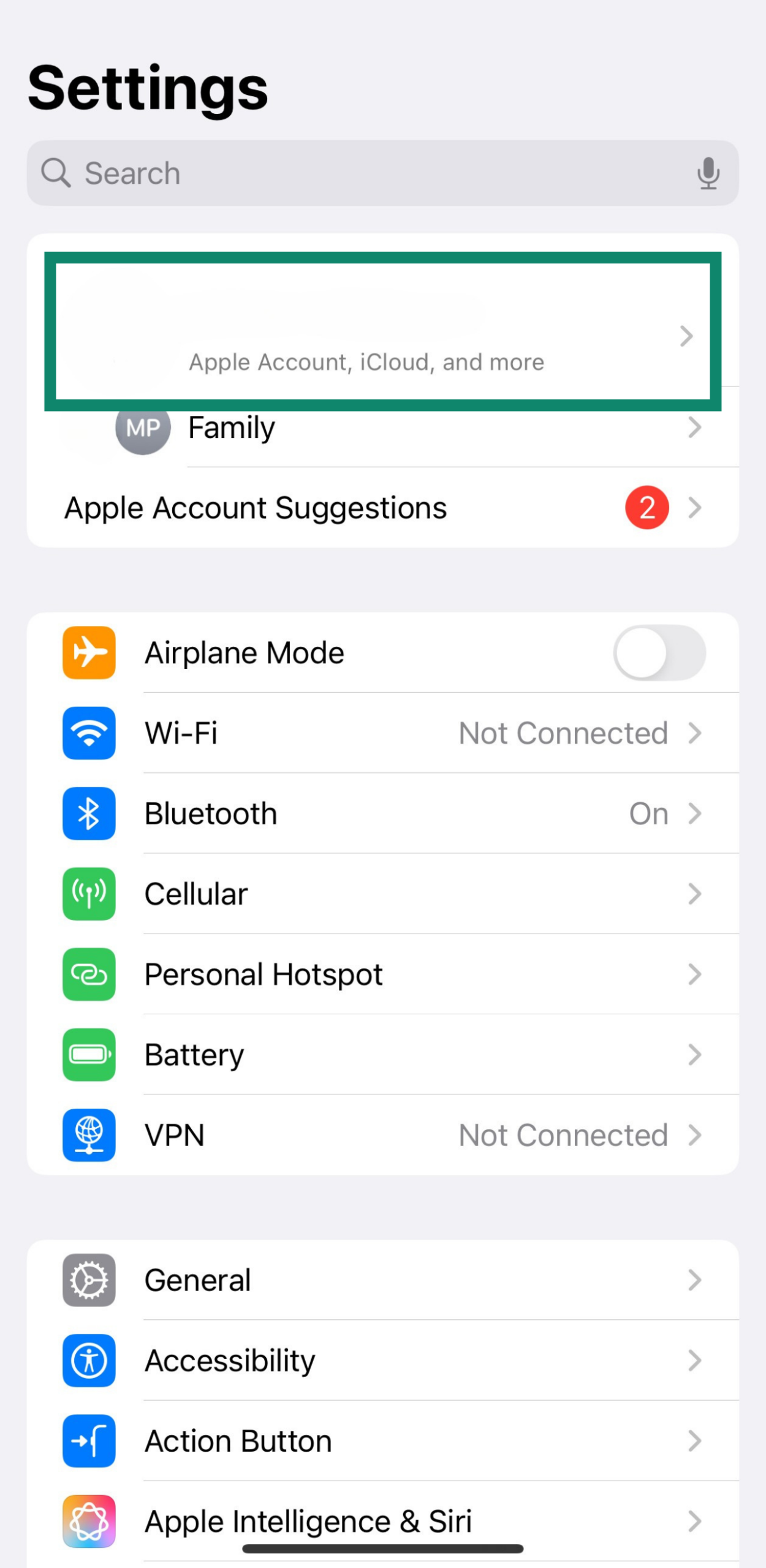 iPhone Settings screen showing how to access Apple Account