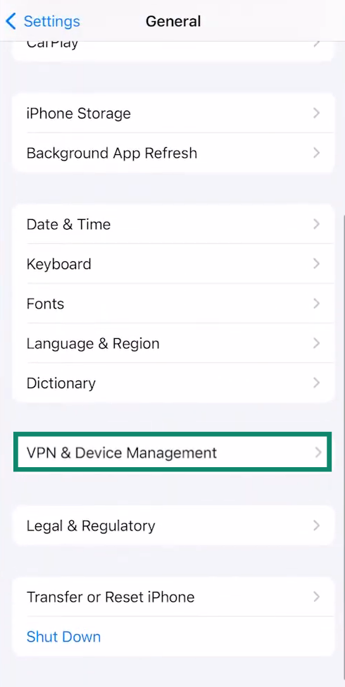 The General menu of the iPhone Settings app, showing the VPN & Device Management option. 