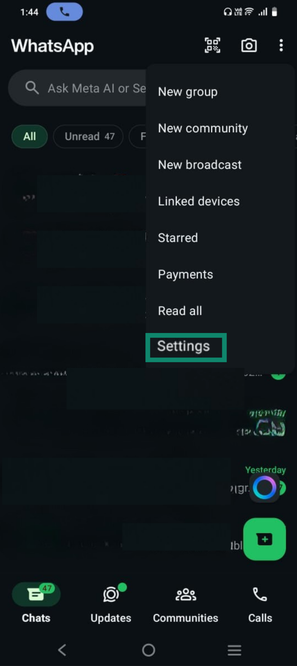 WhatsApp Android app with settings option highlighted