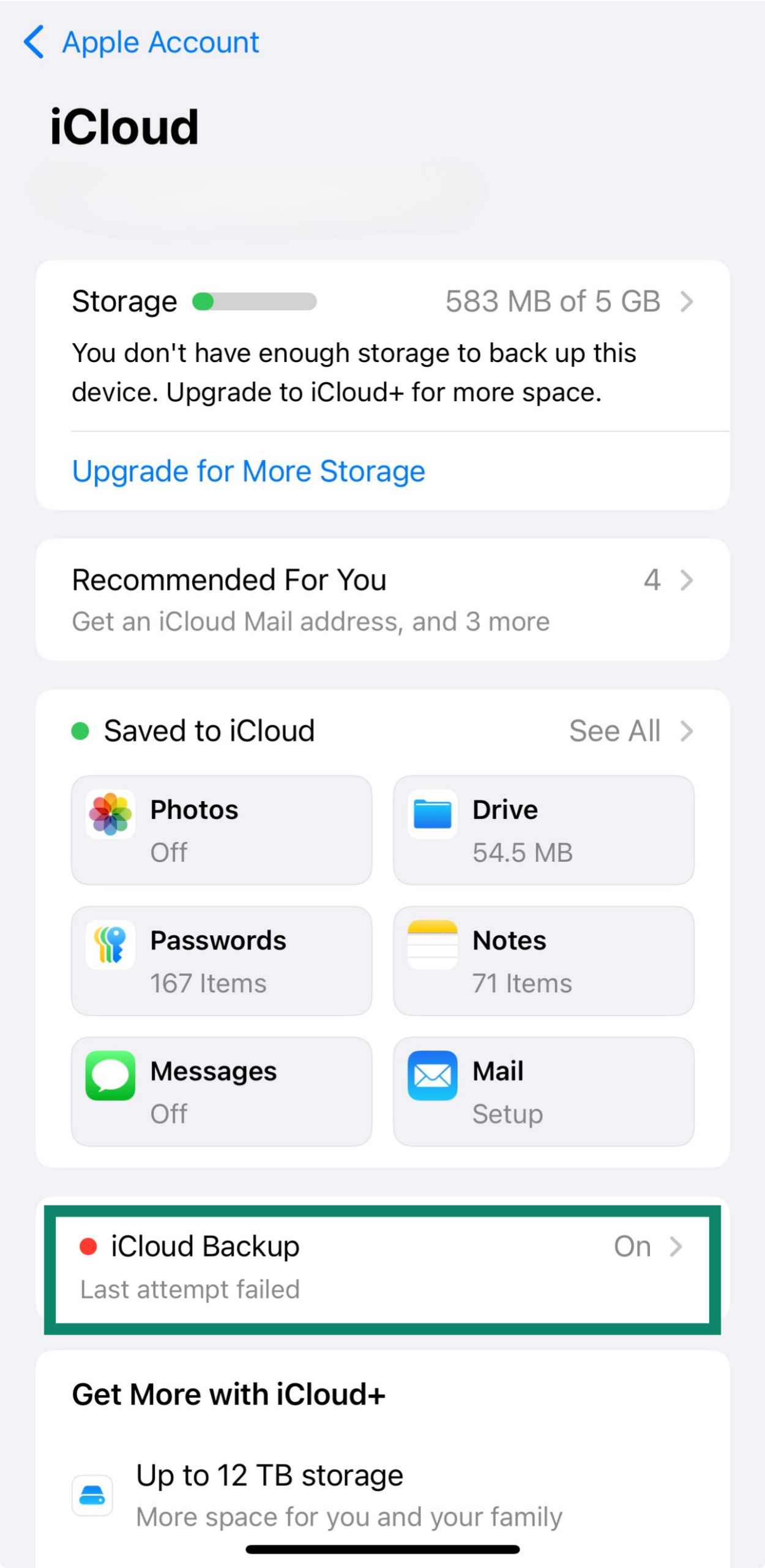 The iCloud Backup button on an iPhone.