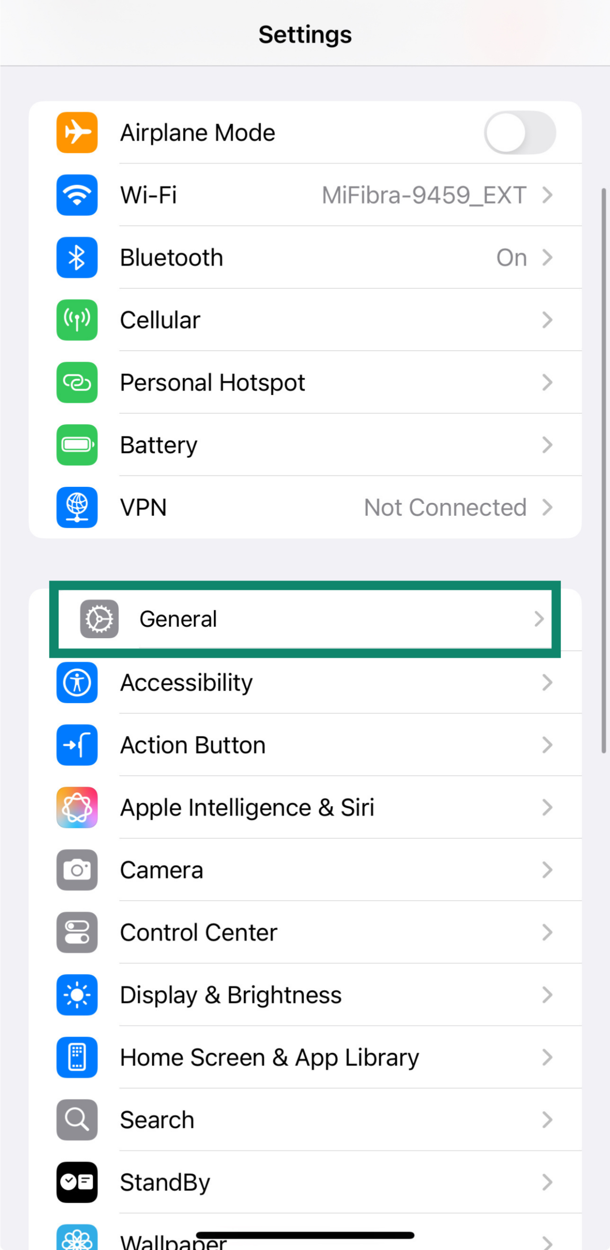iPhone settings General menu for privacy settings