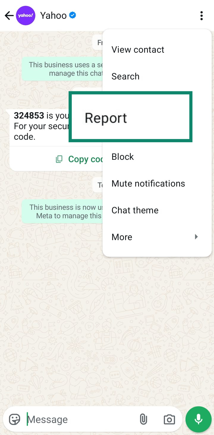 The options menu within a WhatsApp chat. The 'Report' button is highlighted to show users the specific action for reporting a malicious account.