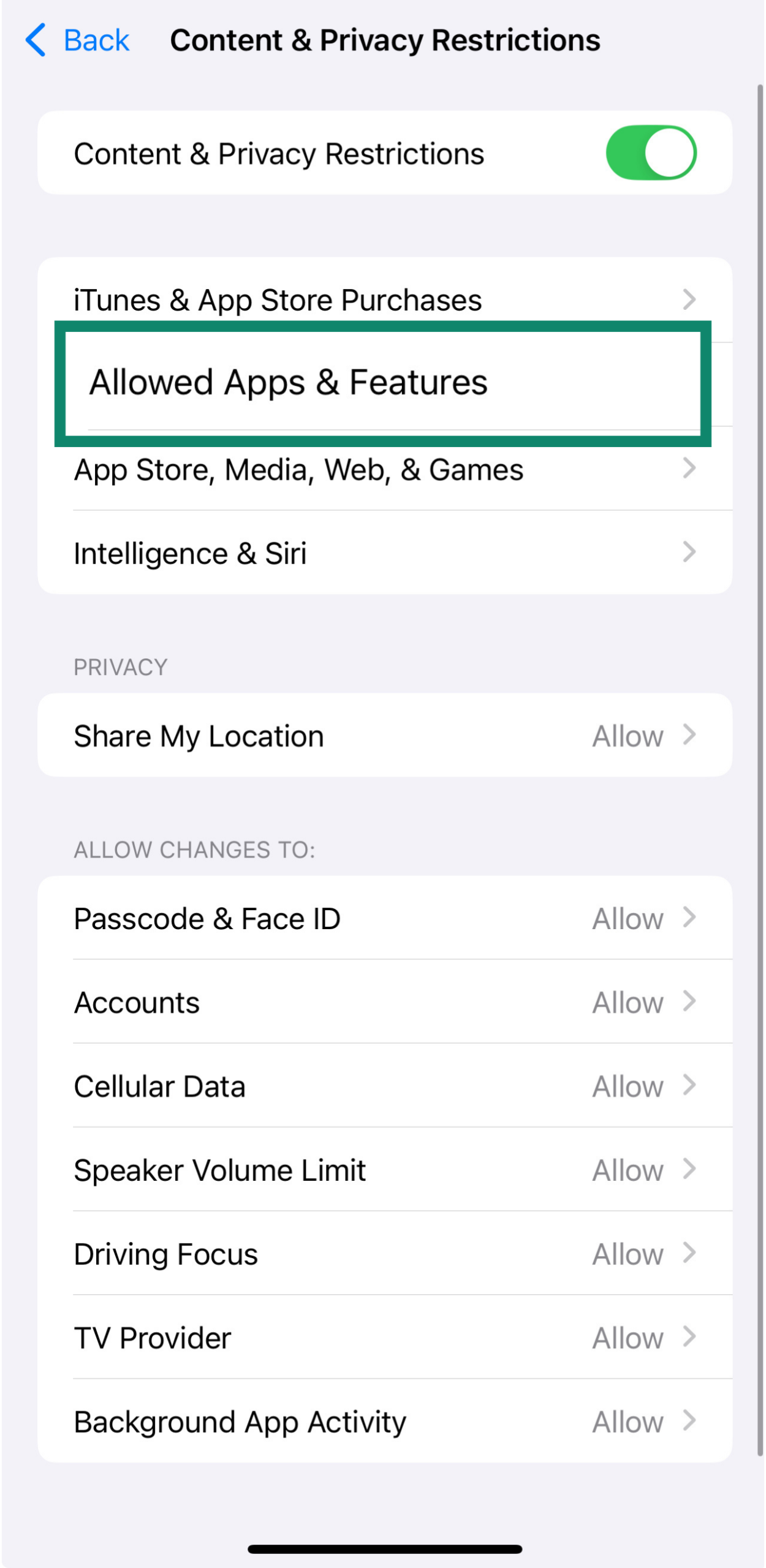 Allowed Apps & Features menu in parental controls
