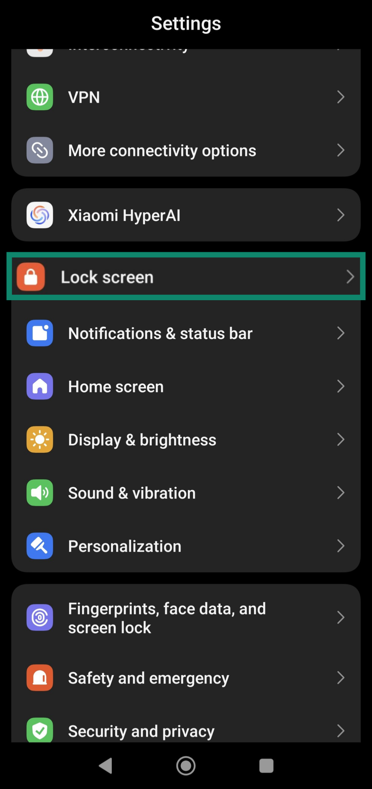 Accessing the Lock screen settings through Xiaomi's settings menu