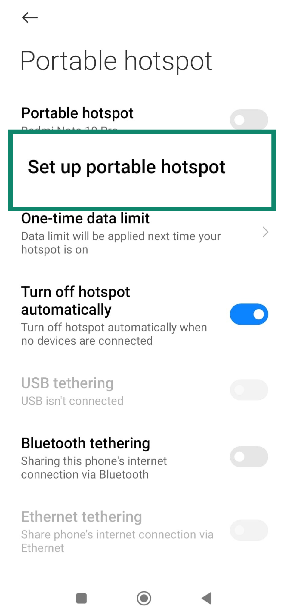 Android Portable hotspot settings screen with Set up portable hotspot option highlighted