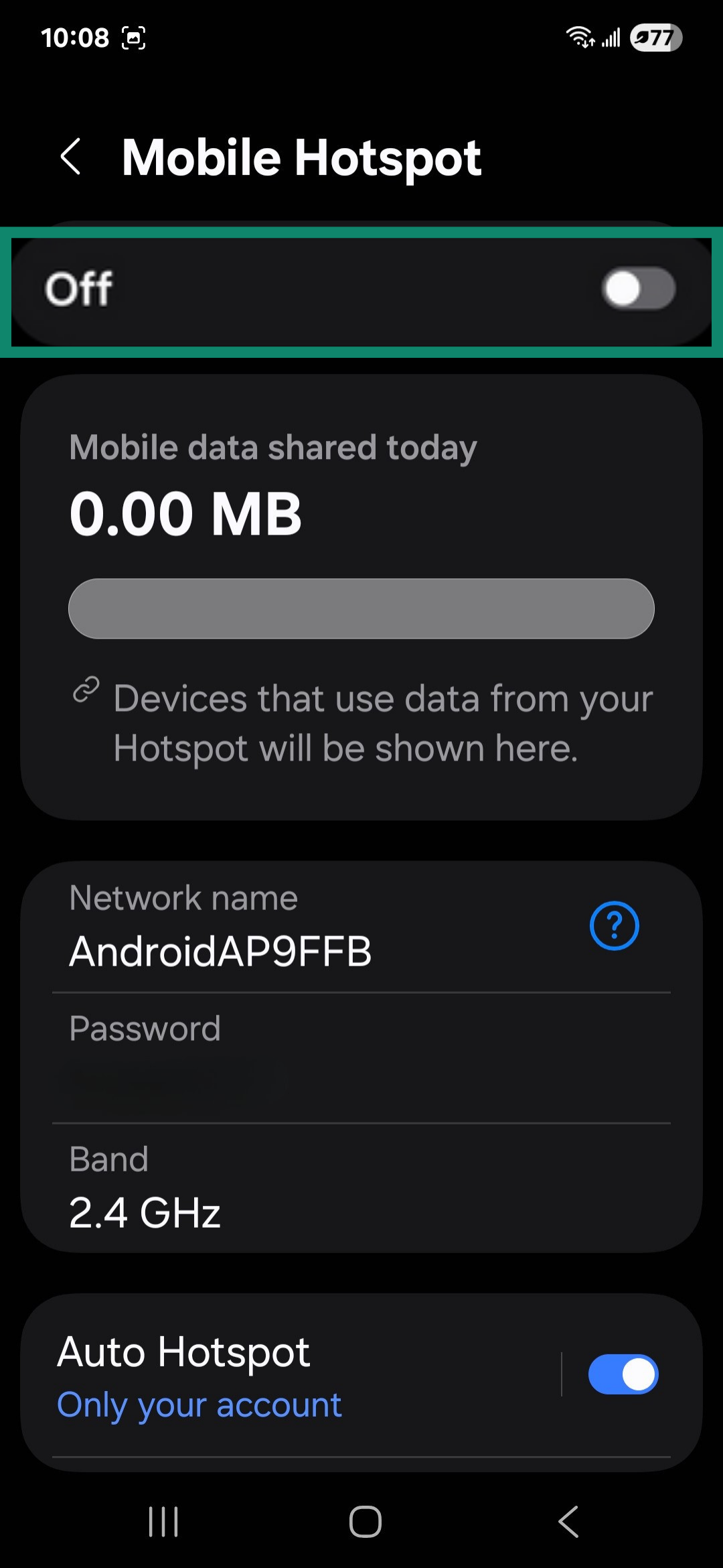 Android Mobile Hotspot settings.