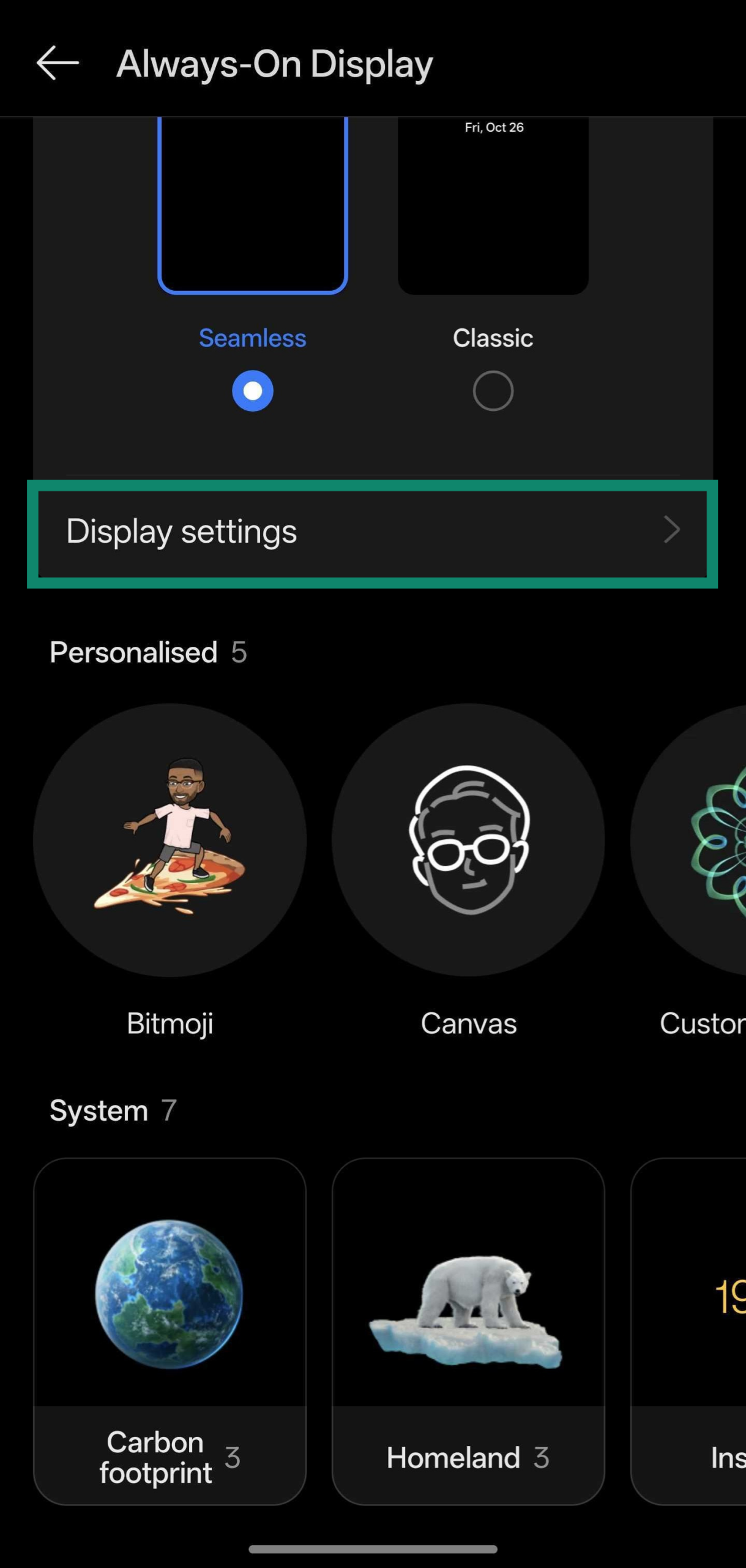 Screenshot showing how to access Always-On Display configuration on a OnePlus device