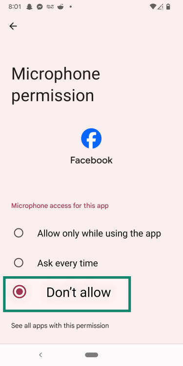Choosing Don't allow in Facebook microphone permissions.
