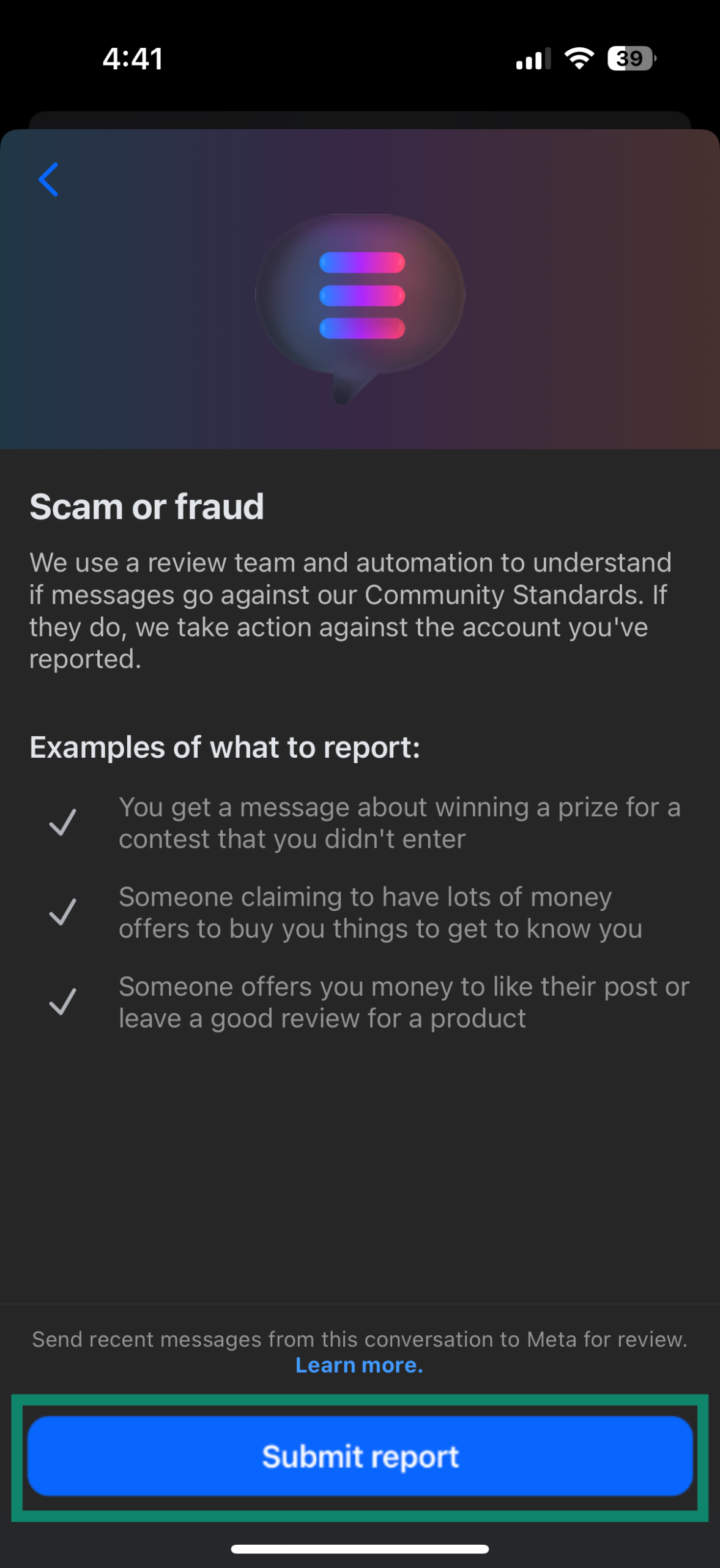 Submitting a report of scam or fraud messages on Facebook using a mobile phone.