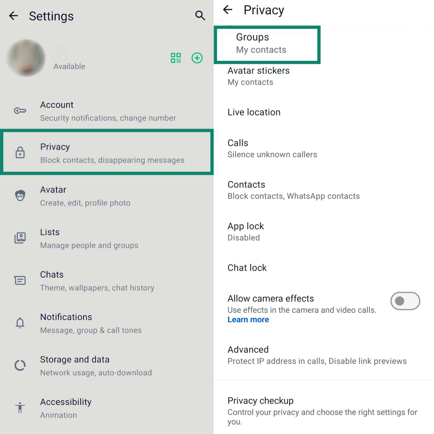 Two side-by-side screenshots showing the path to group privacy settings. The first shows ‘Privacy’ selected from the Settings screen. The second shows ‘Groups’ selected from the Privacy screen.