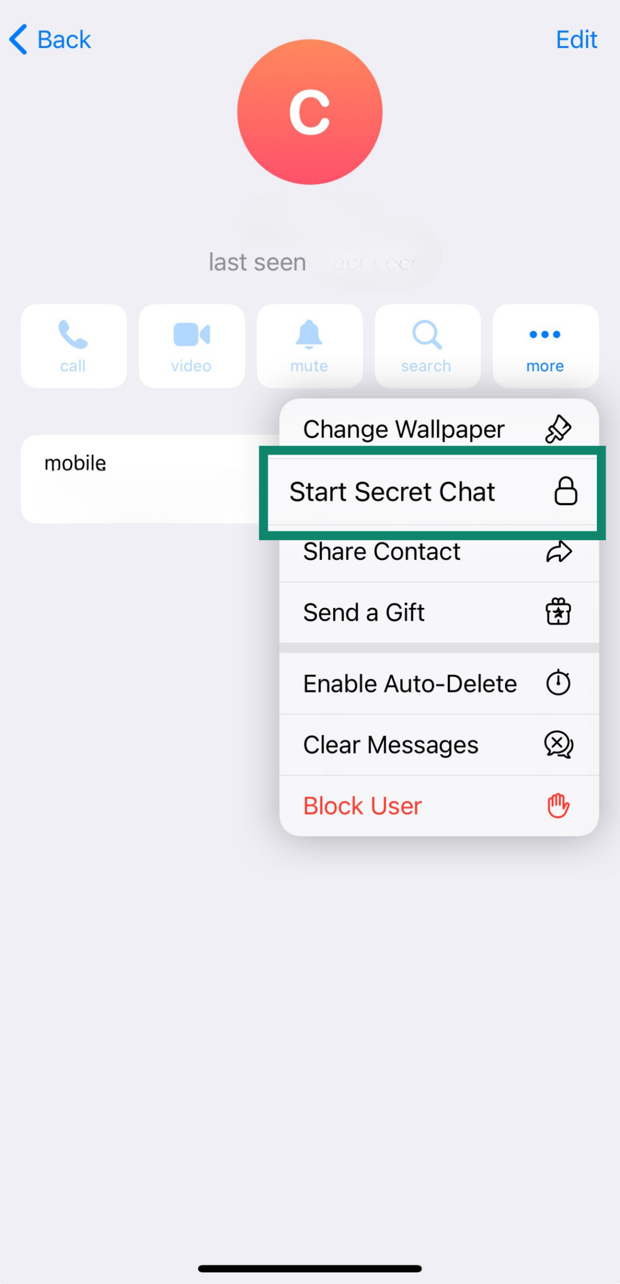 Start Secret Chat option in Telegram profile.