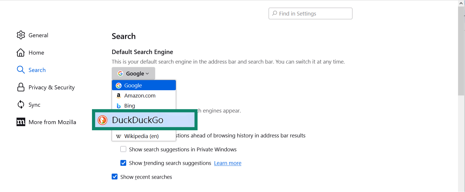 The Firefox default search engine option's dropdown menu, with DuckDuckGo highlighted.