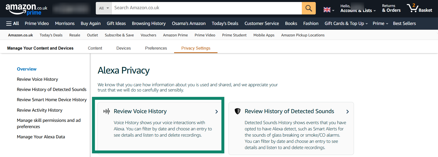 Accessing the Review Voice History Menu in the Amazon website.
