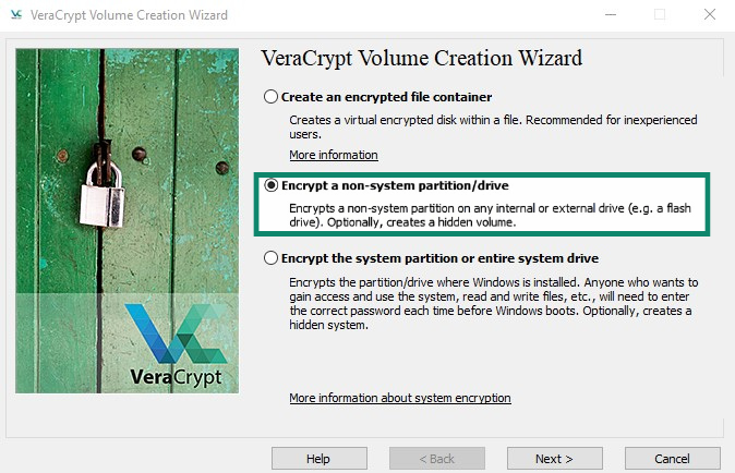 VeraCrypt Volume Creation Wizard main screen with the Encrypt a non-system partition/drive option highlighted.