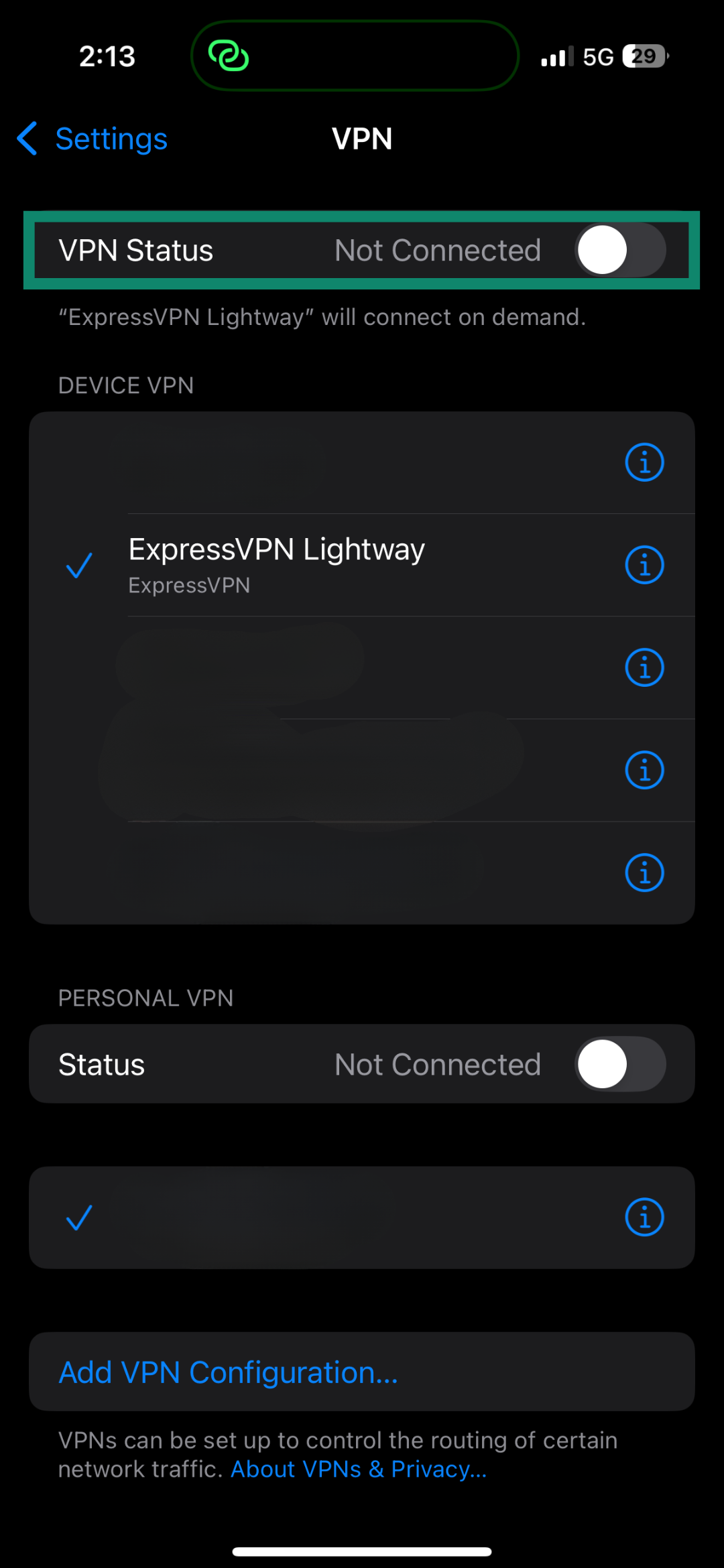 iPhone VPN settings screen showing VPN status as “Not Connected” with ExpressVPN Lightway selected.