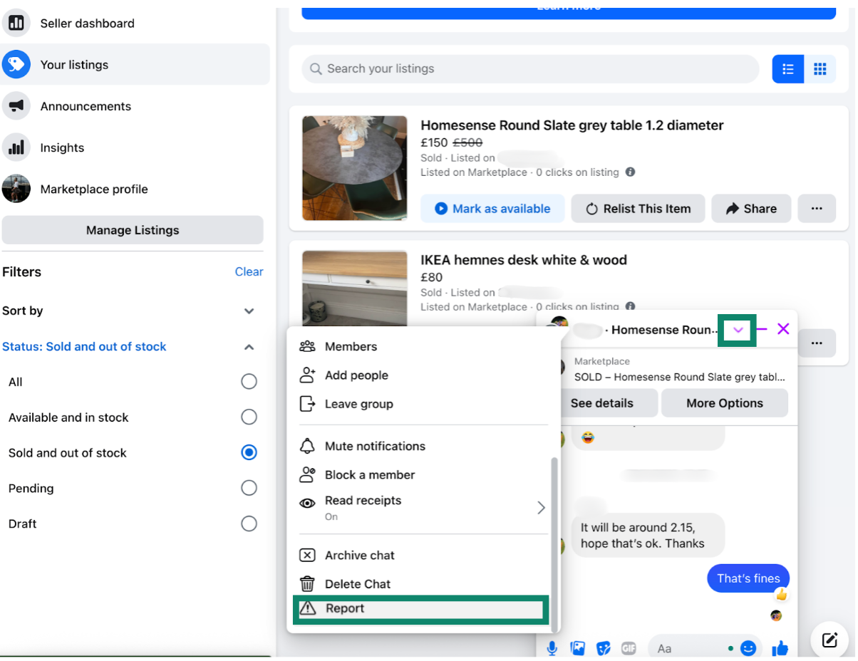 Reporting a buyer on Facebook Marketplace.