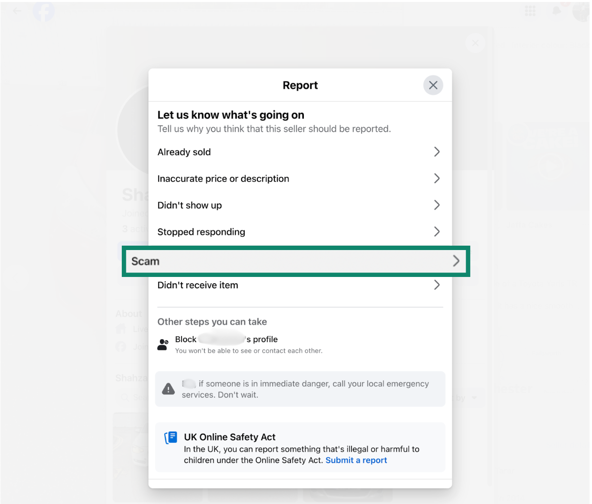 Reporting a scam on Facebook Marketplace.