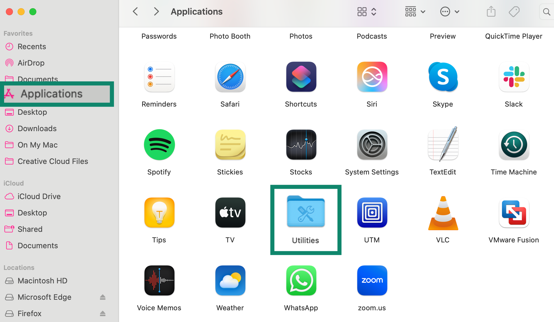 Applications folder in Finder showing the Utilities folder on Mac.