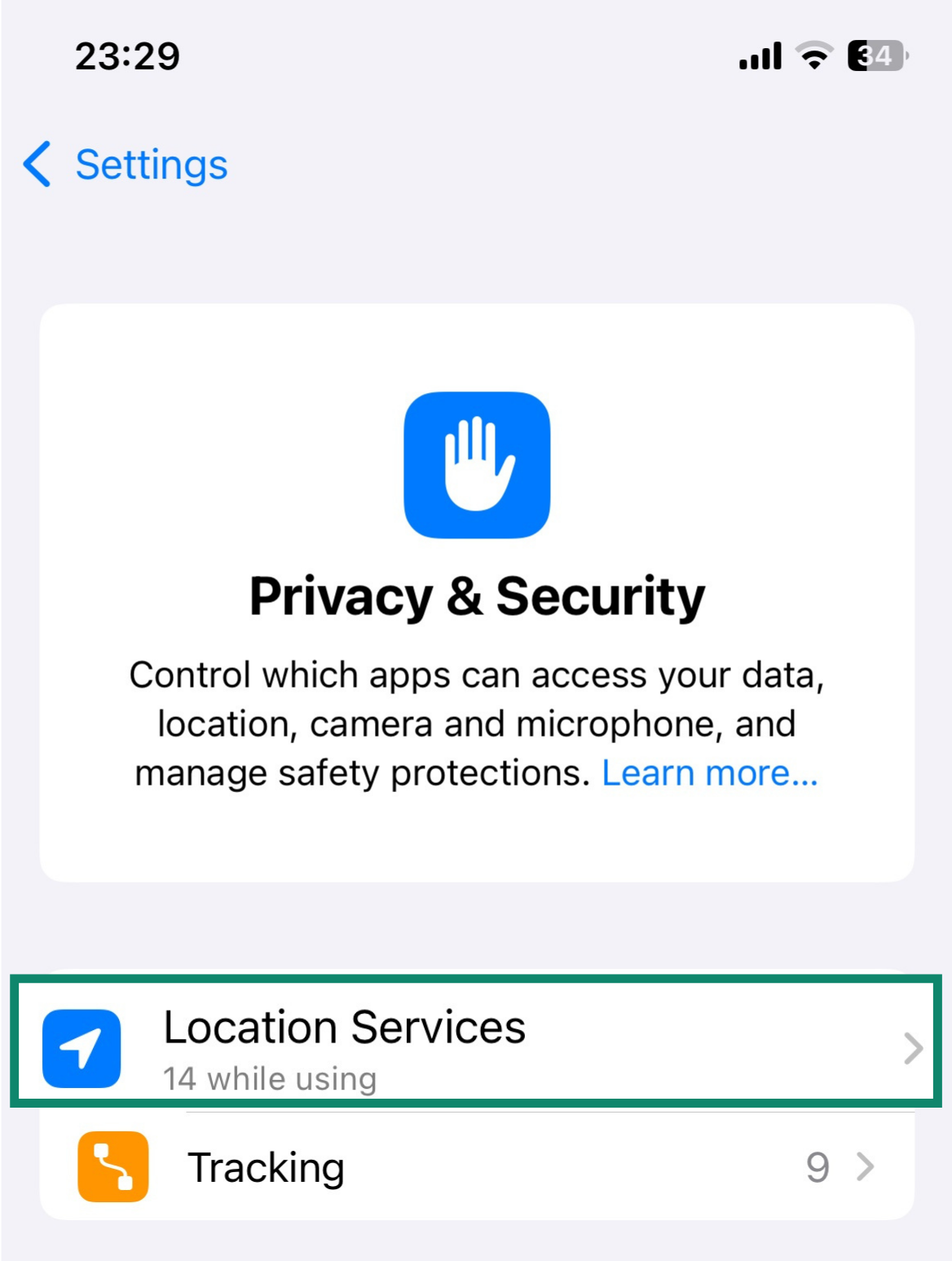 Screenshot of iOS's Privacy and Security settings page with Location Services selected.