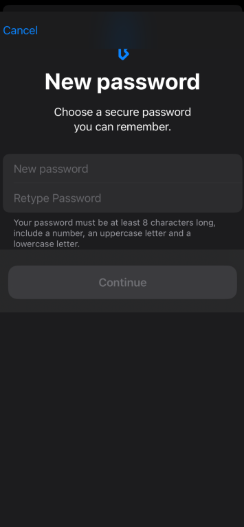 New password screen with instructions on password requirements