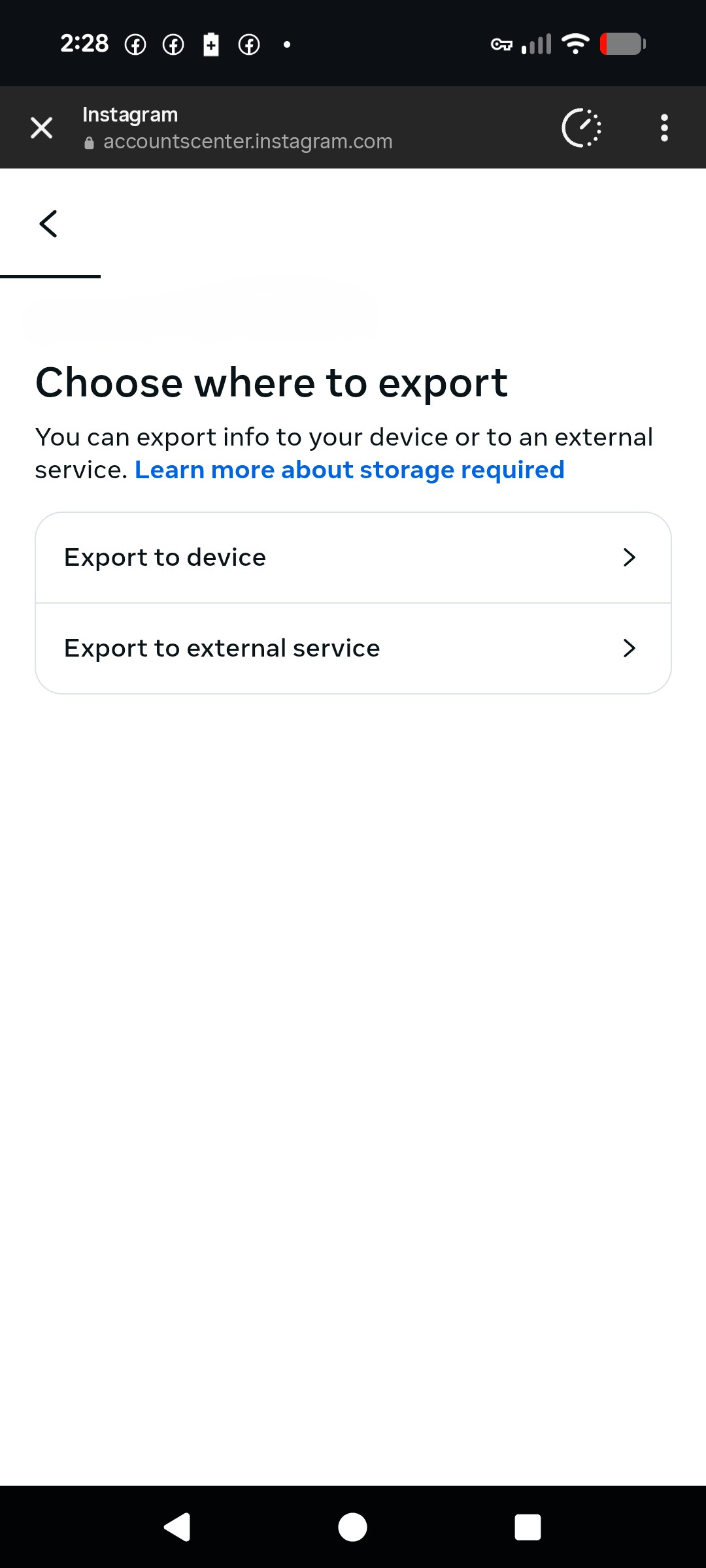 Choosing location to export data to in Instagram.