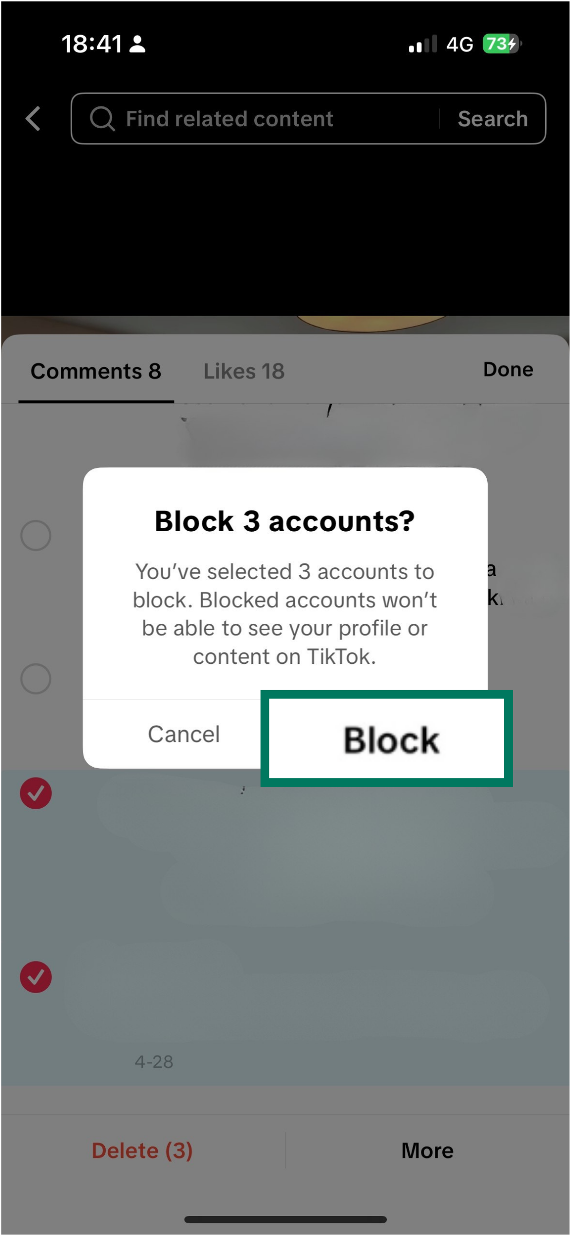 TikTok confirmation pop-up asking to Block 3 accounts with the Block button highlighted.