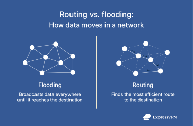 A visual showing the two main approaches to internal communication withing a mesh network: routing and flooding.