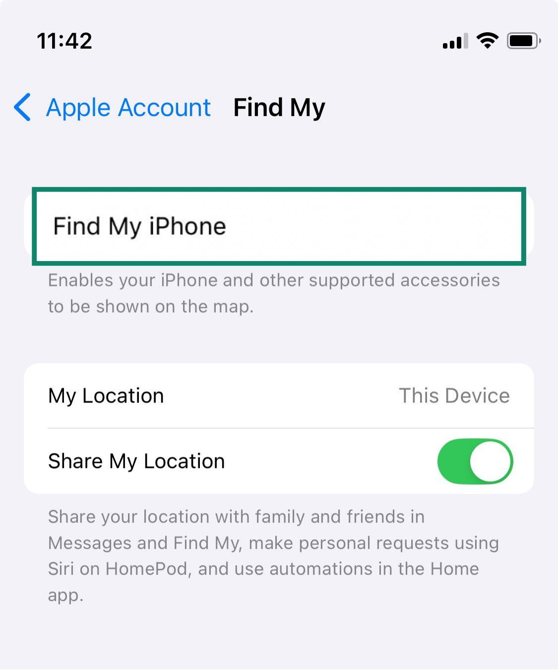 The Find My iPhone settings on an iPhone.