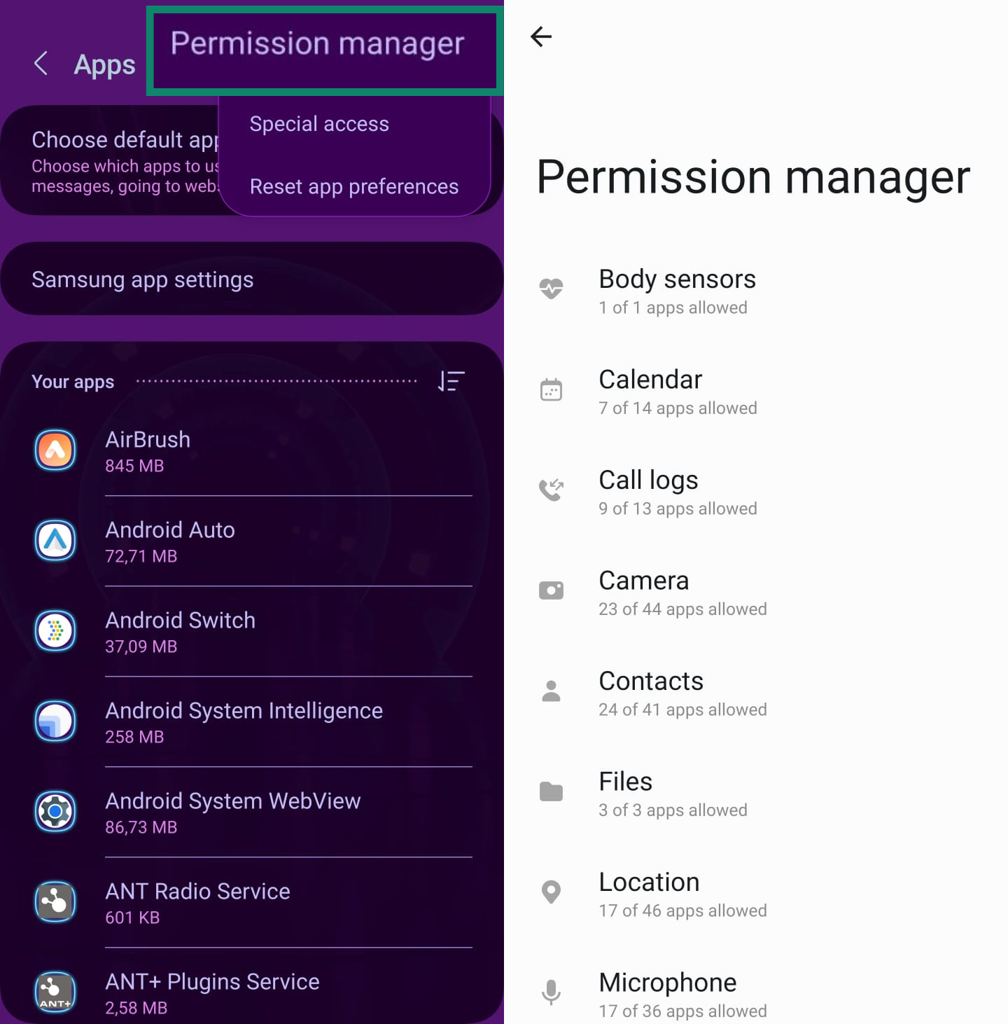 Side-by-side screenshots of an Android phone’s settings, highlighting the ‘Permission manager’ used to control app access to data like camera and location.